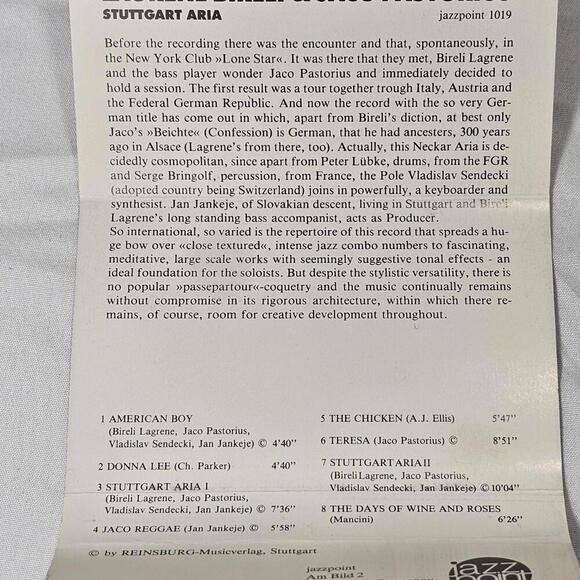 Vintage 1986 Cassette Stuttgart Aria by Biréli Lagrène and Jaco Pastorius - Picture 2 of 4